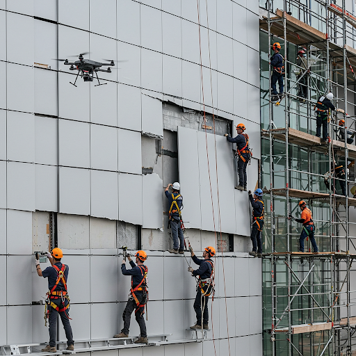 Technicians inspecting and repairing an aluminum composite panel curtain wall using drones, thermal imaging, and scaffolding to ensure structural integrity and aesthetic restoration