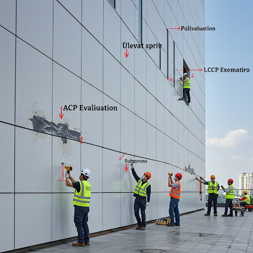 Technicians inspecting an aluminum composite panel curtain wall using visual checks, ultrasonic scanners, and infrared thermography to detect surface damage, hidden defects, and structural weaknesses