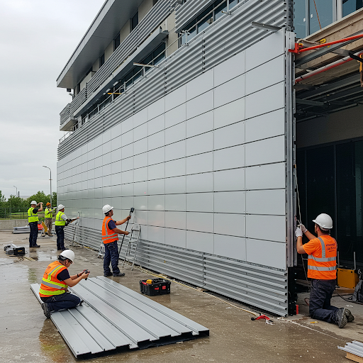 Workers inspecting aluminum composite panel curtain walls, performing alignment checks, fastener torque measurements, water penetration, air infiltration, and load testing on a construction site