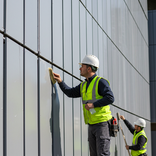 Worker inspecting aluminum curtain walls for dents, corrosion, and coating wear, cleaning surfaces with neutral pH agents, and removing debris from joints and drainage channels to prevent water accumulation