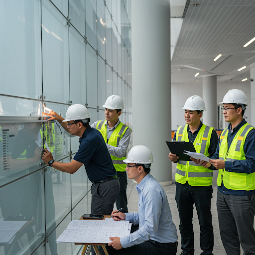 Professionals documenting aluminum curtain wall repair process, logging inspections, test results, and repair actions, while reviewing feedback and refining maintenance schedules