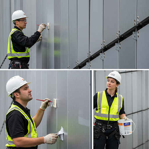 Workers performing preventive maintenance on aluminum curtain walls, including applying coatings, inspecting sealants, and reinforcing structural components to extend service life
