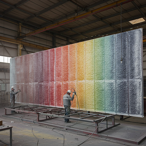 Factory workers applying electrostatic foam spray coating on aluminum curtain wall panels with metallic pigments showing color variation under light