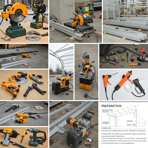 Scene showing aluminum canopy construction tools and preparatory work, including cutting machines, drills, rivet guns, welding and glue tools, alongside project planning tasks like material scheduling, blueprint review, and production coordination.